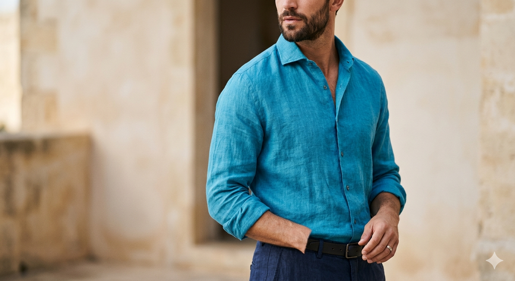 Camisa Lino Hombre Azul Turquesa